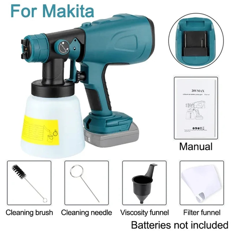 800ML Electric Spray Gun Handheld Cordless High Power Electric Paint Sprayer for Makita/Dewalt/Bosch/Milwaukee/Ryobi 18V Battery