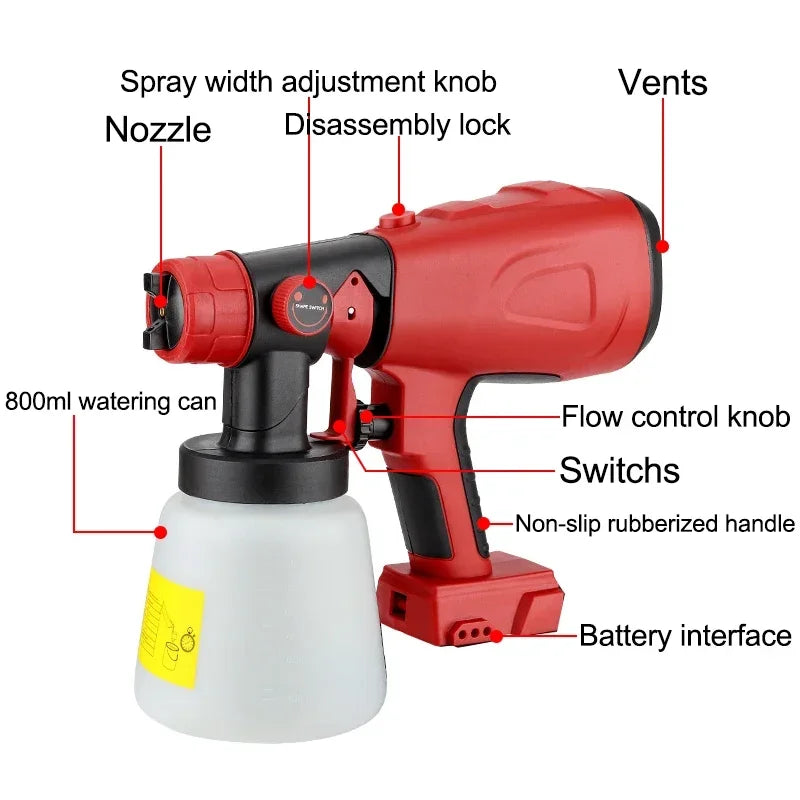 800ML Electric Spray Gun Handheld Cordless High Power Electric Paint Sprayer for Makita/Dewalt/Bosch/Milwaukee/Ryobi 18V Battery